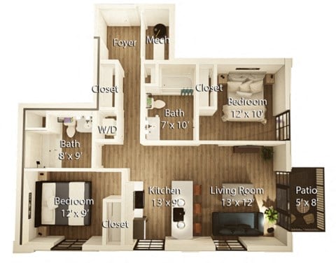 Floor plan for 2 beds, 2 baths, 891 sqft